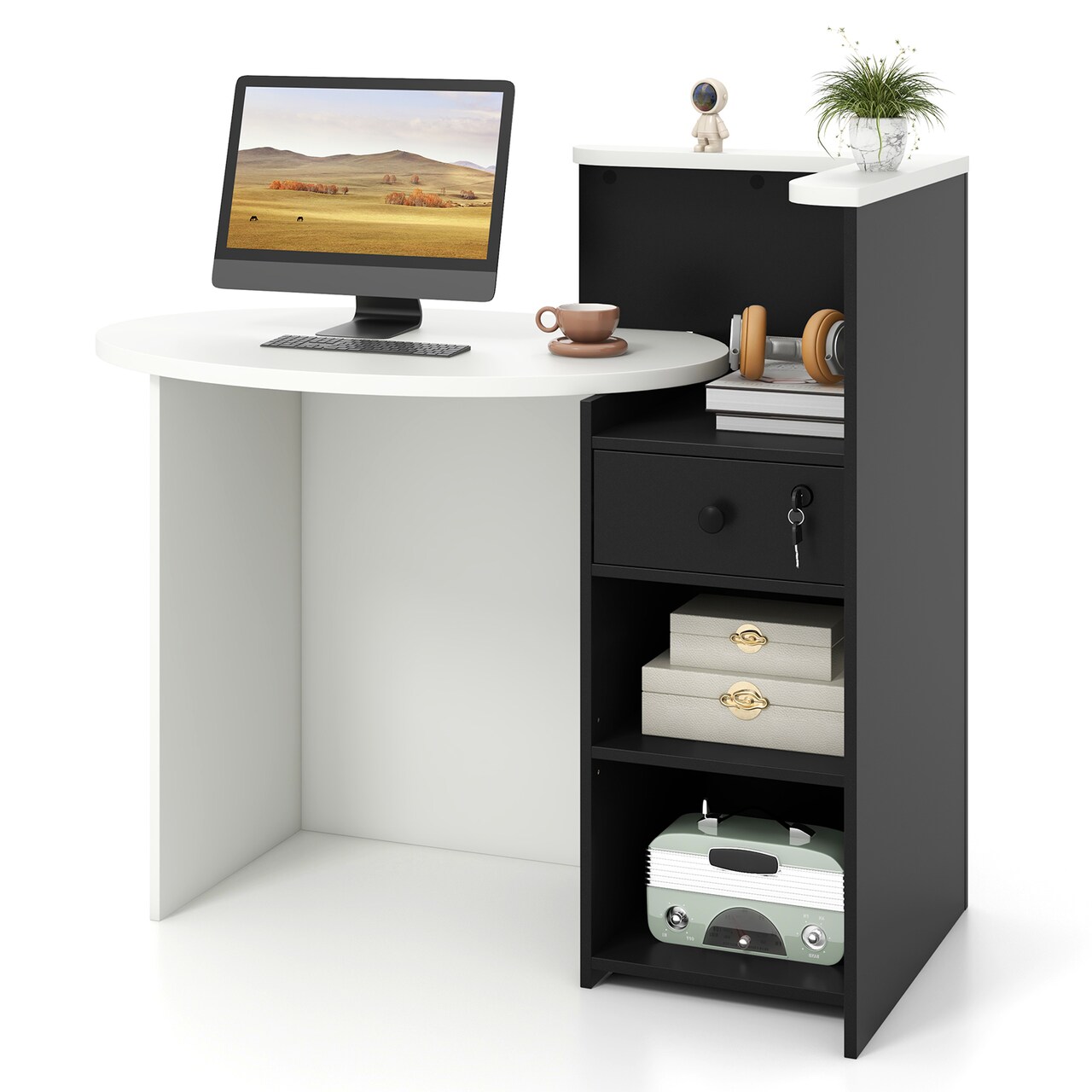 Black-White Front Reception Office Desk with Open Shelf and Drawer